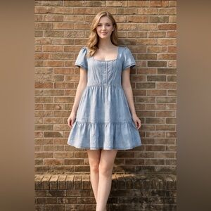 Farmcore Terra & Sky Plus 3X Chambray Tiered Empire Waist Flutter Sleeve Dress